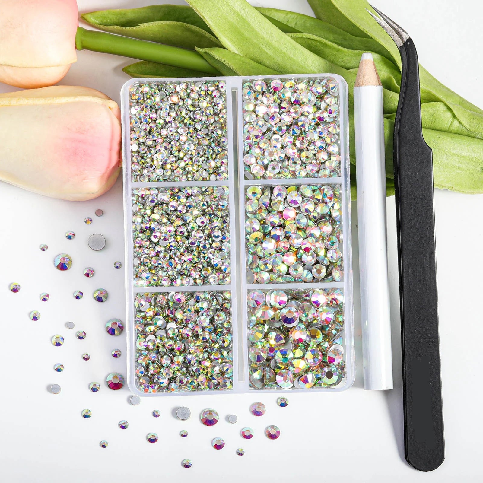 4300pcs Flatback Rhinestones, Nail Gems Round Crystal Rhinestones for Crafts,Mixed 6 Sizes with Picking Tweezers and Wax Pencil Kit- Crystal AB