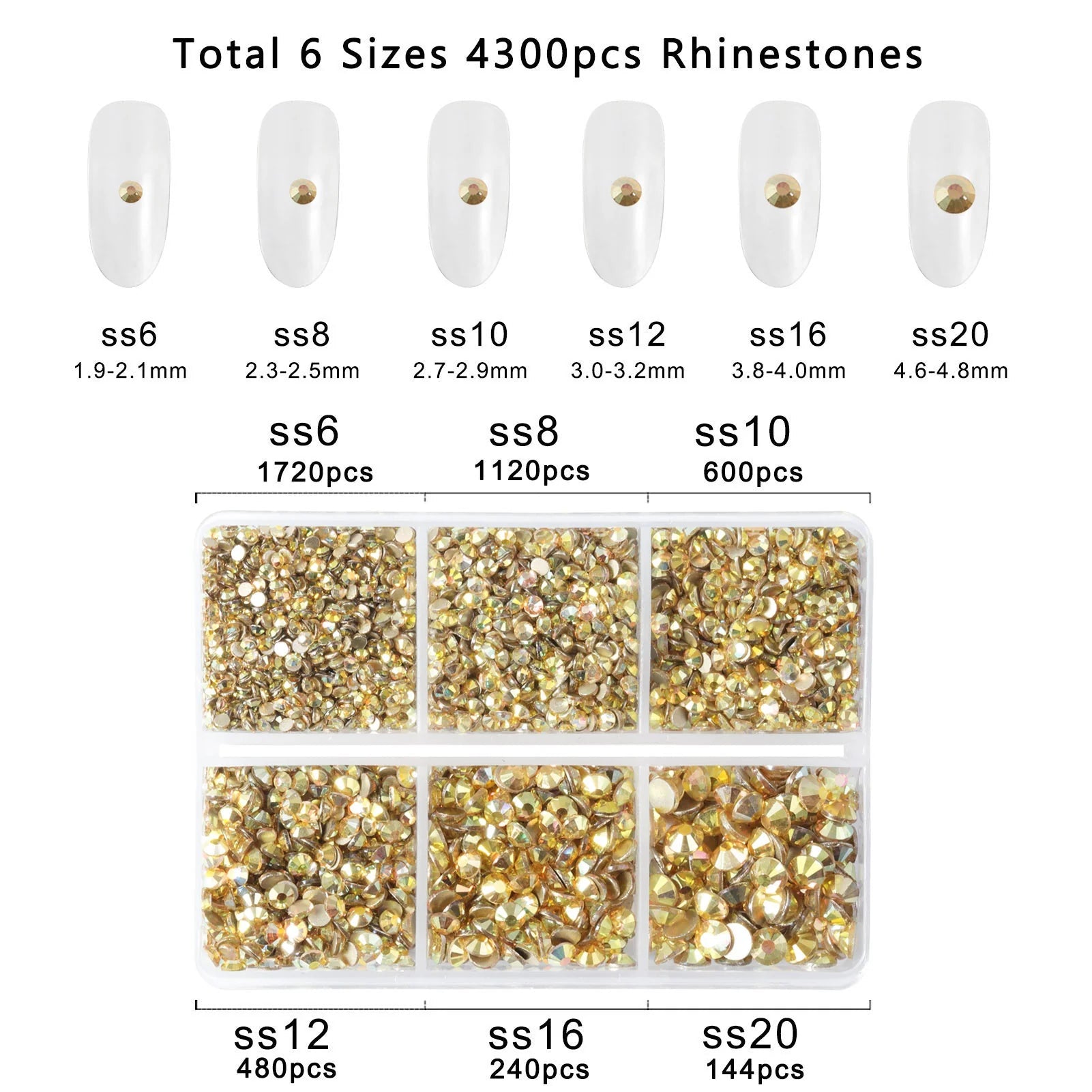 4300pcs Flatback Rhinestones, Nail Gems Round Crystal Rhinestones for Crafts,Mixed 6 Sizes with Picking Tweezers and Wax Pencil Kit-Metalsunlight