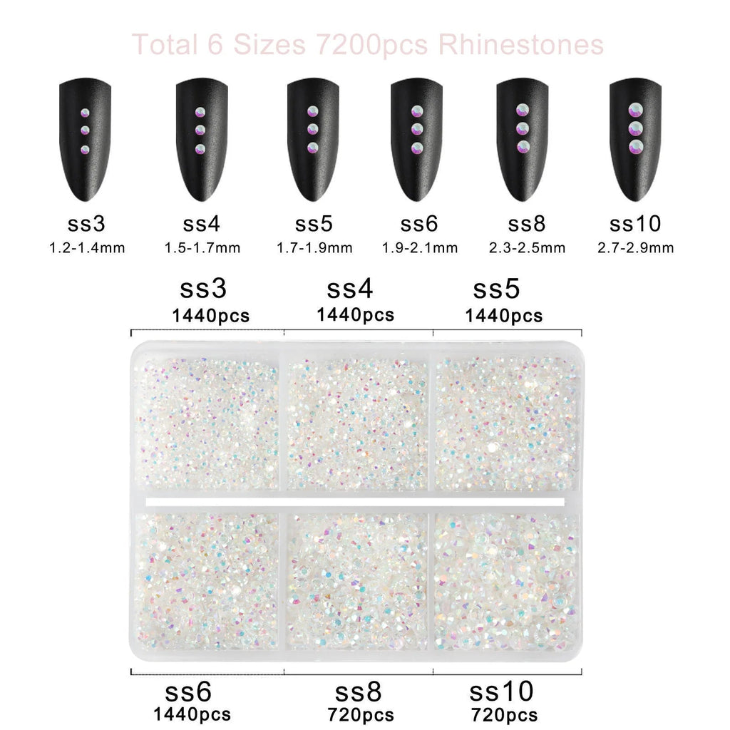 7200pcs Flatback Rhinestones,Nail Gems Round Crystal Rhinestones for Crafts,Mixed 6 Sizes with Wax Pencil Kit, SS3-SS10-Transparent
