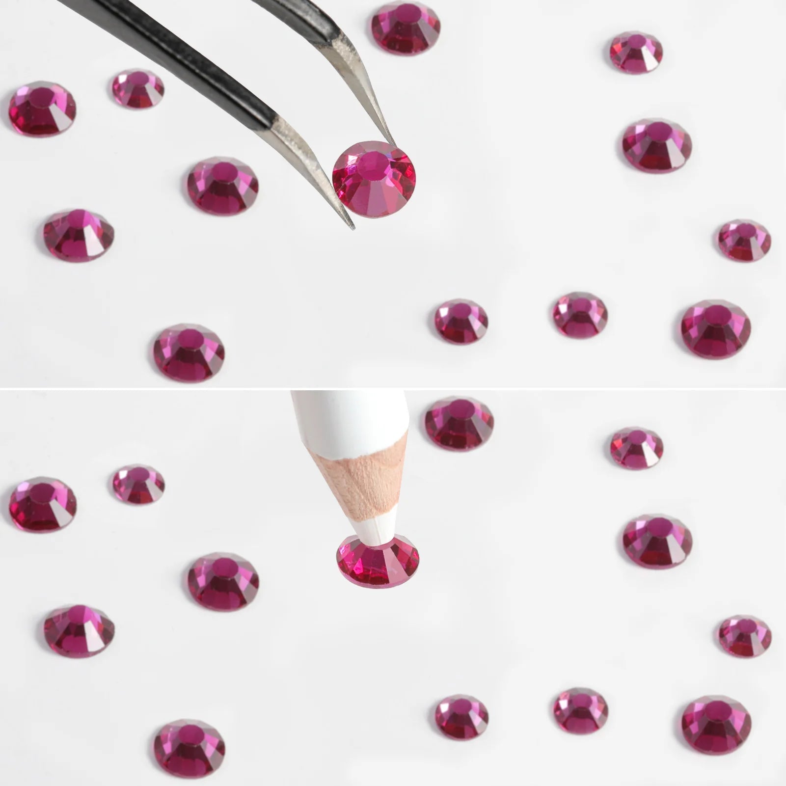 Rhinestones for Makeup,8 sizes 2500pcs Flatback Rhinestones Face Gems for Nails Crafts with Tweezers and Wax Pencil- Fuchsia