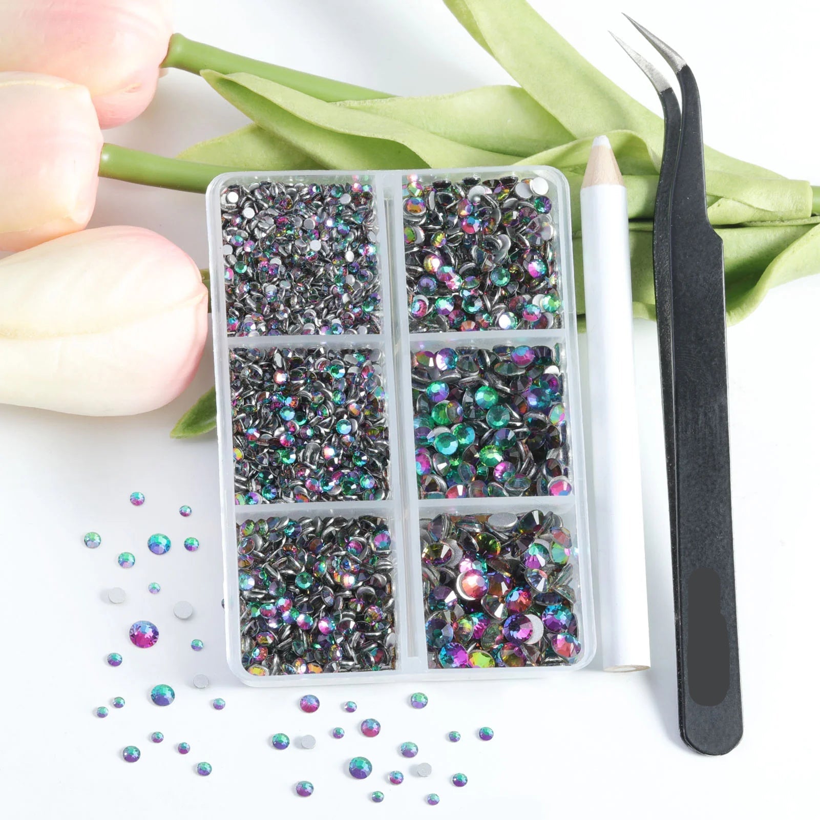 4300pcs Flatback Rhinestones, Nail Gems Round Crystal Rhinestones for Crafts,Mixed 6 Sizes with Picking Tweezers and Wax Pencil Kit-Greenvolcano