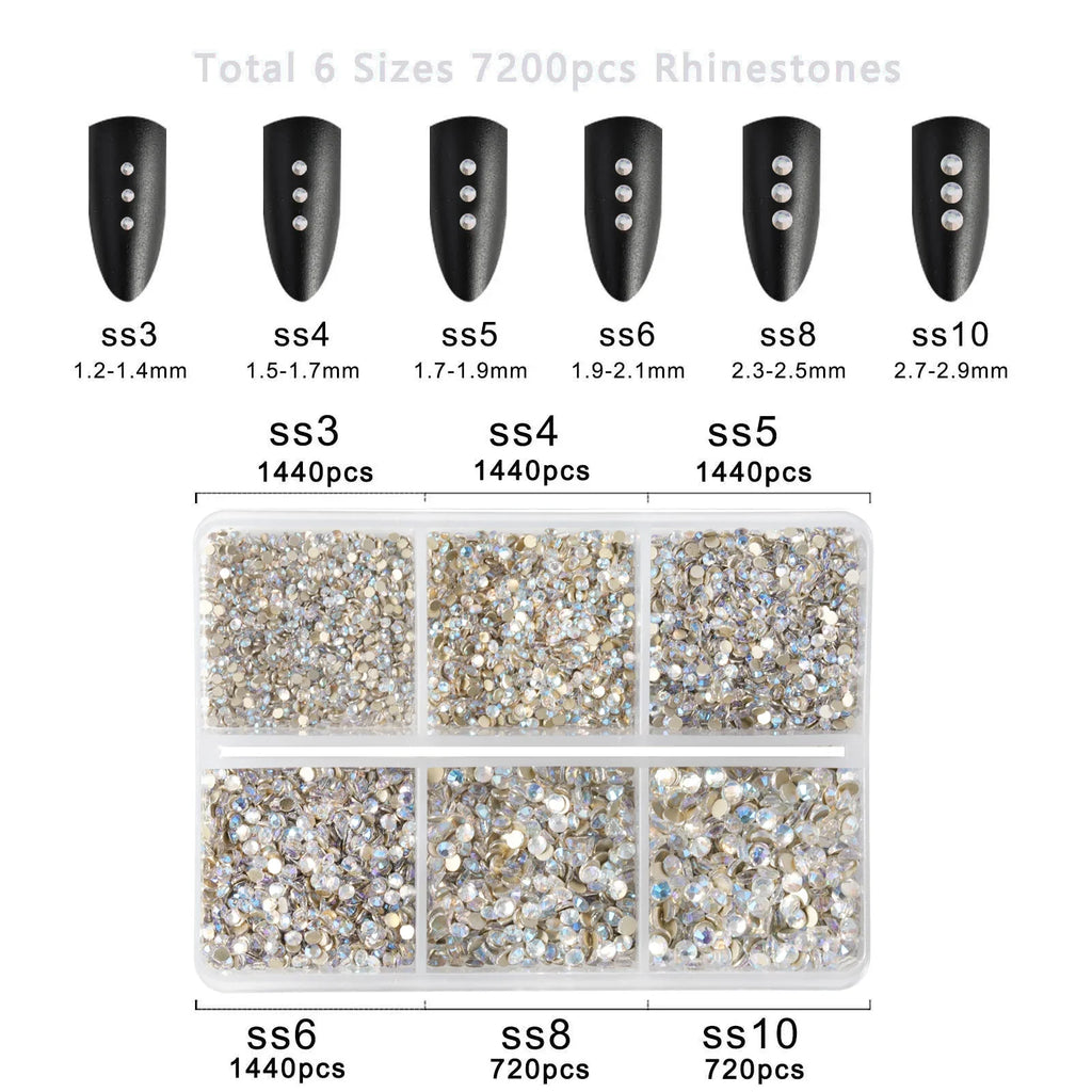 7200pcs Flatback Rhinestones,Nail Gems Round Crystal Rhinestones for Crafts,Mixed 6 Sizes with Wax Pencil Kit, SS3-SS10 - Bluemoonlight
