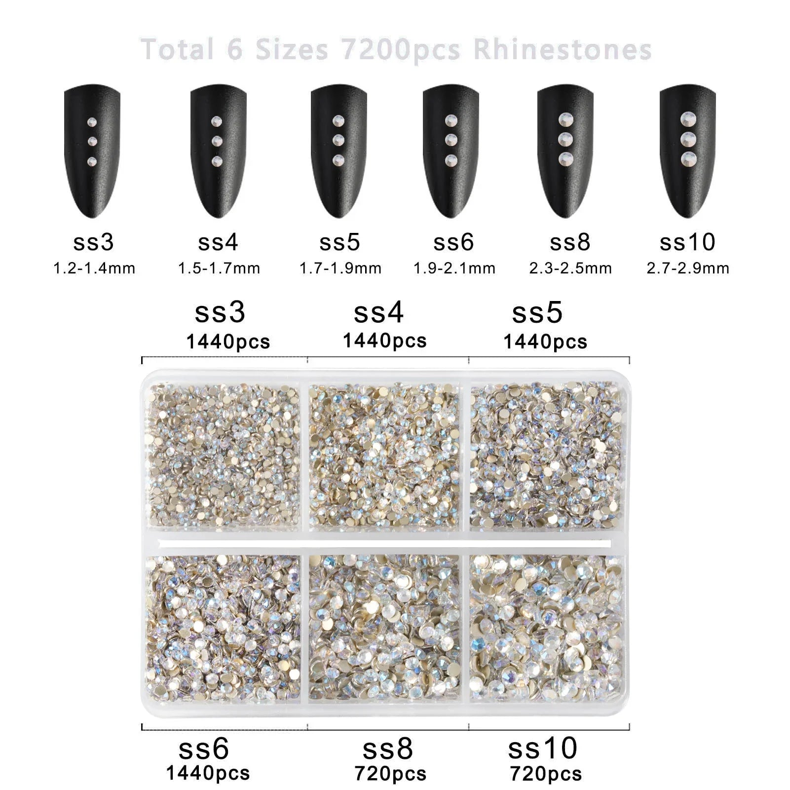 7200pcs Flatback Rhinestones,Nail Gems Round Crystal Rhinestones for Crafts,Mixed 6 Sizes with Wax Pencil Kit, SS3-SS10 - Bluemoonlight