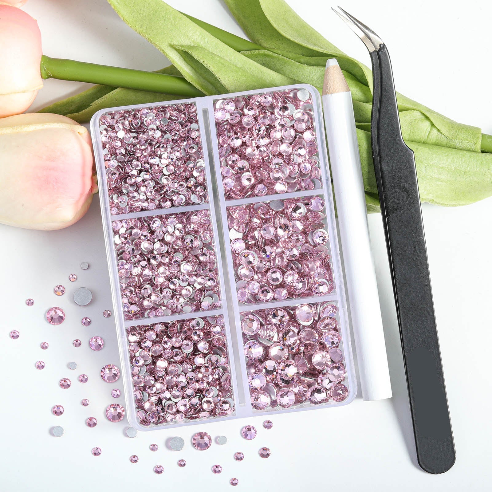 4300pcs Flatback Rhinestones, Nail Gems Round Crystal Rhinestones for Crafts,Mixed 6 Sizes with Picking Tweezers and Wax Pencil Kit- Light Pink