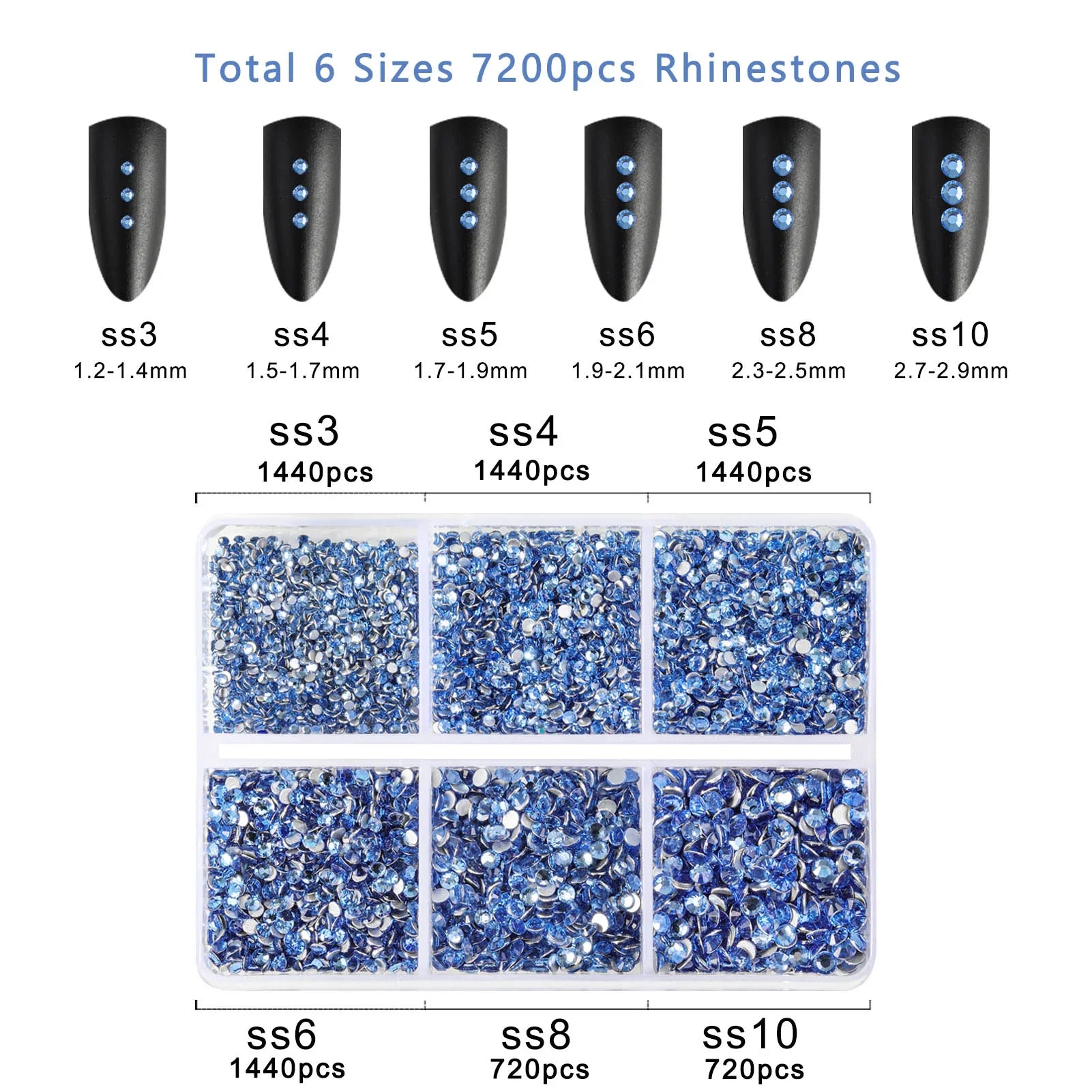 7200pcs Flatback Rhinestones,Nail Gems Round Crystal Rhinestones for Crafts,Mixed 6 Sizes with Wax Pencil Kit, SS3-SS10- Light Sapphire