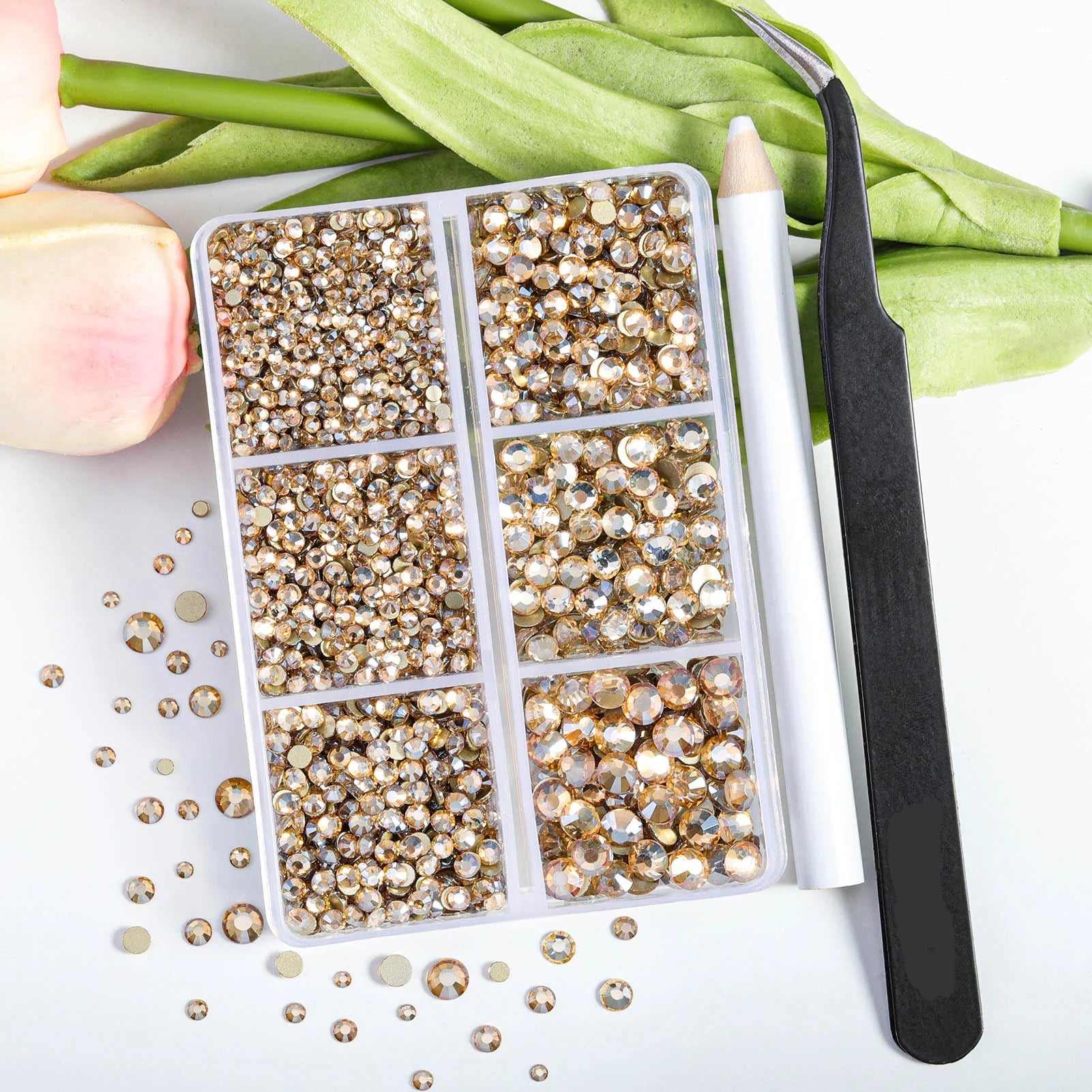 4300pcs Flatback Rhinestones, Nail Gems Round Crystal Rhinestones for Crafts,Mixed 6 Sizes with Picking Tweezers and Wax Pencil Kit- Golden Shadow