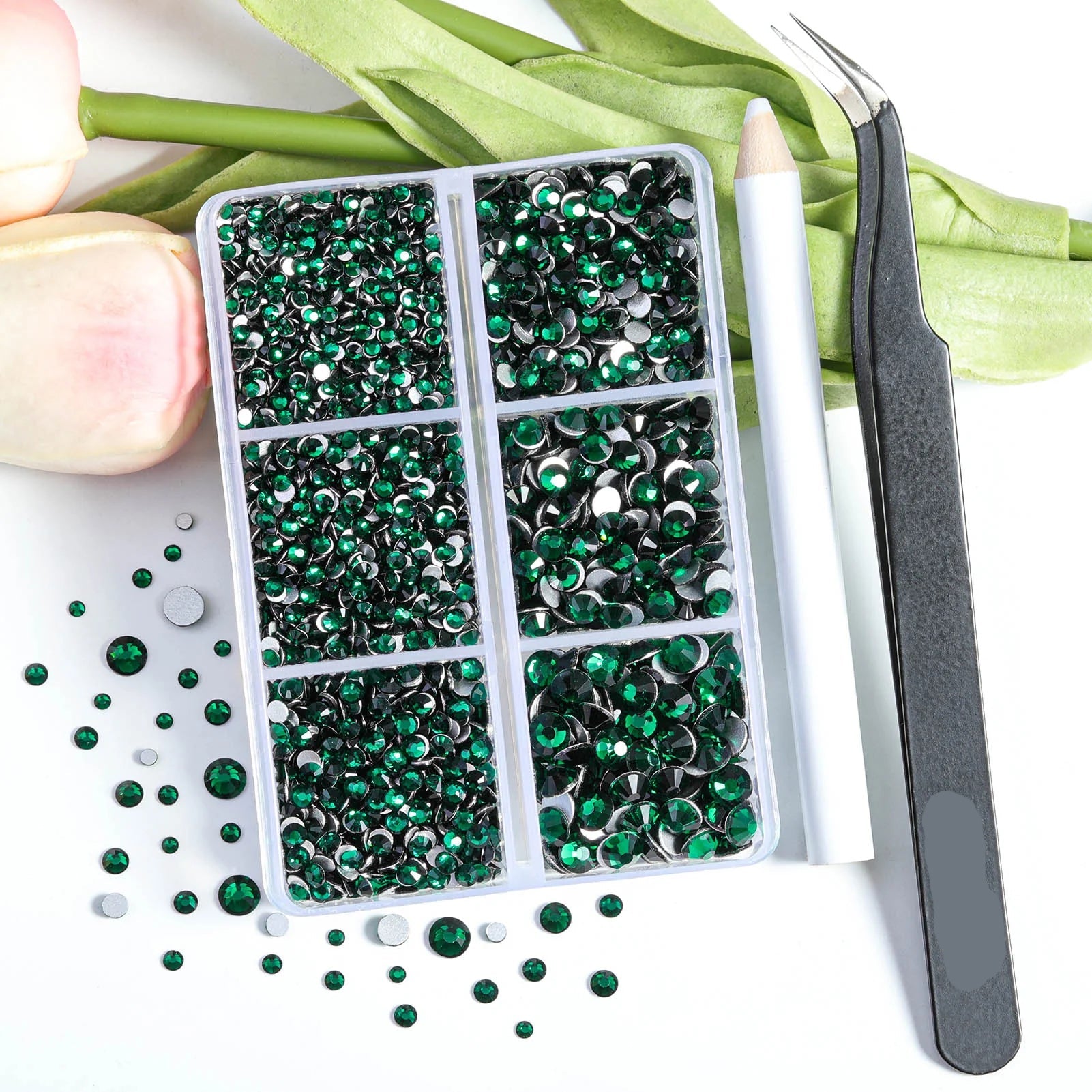4300pcs Flatback Rhinestones, Nail Gems Round Crystal Rhinestones for Crafts,Mixed 6 Sizes with Picking Tweezers and Wax Pencil Kit- Emerald