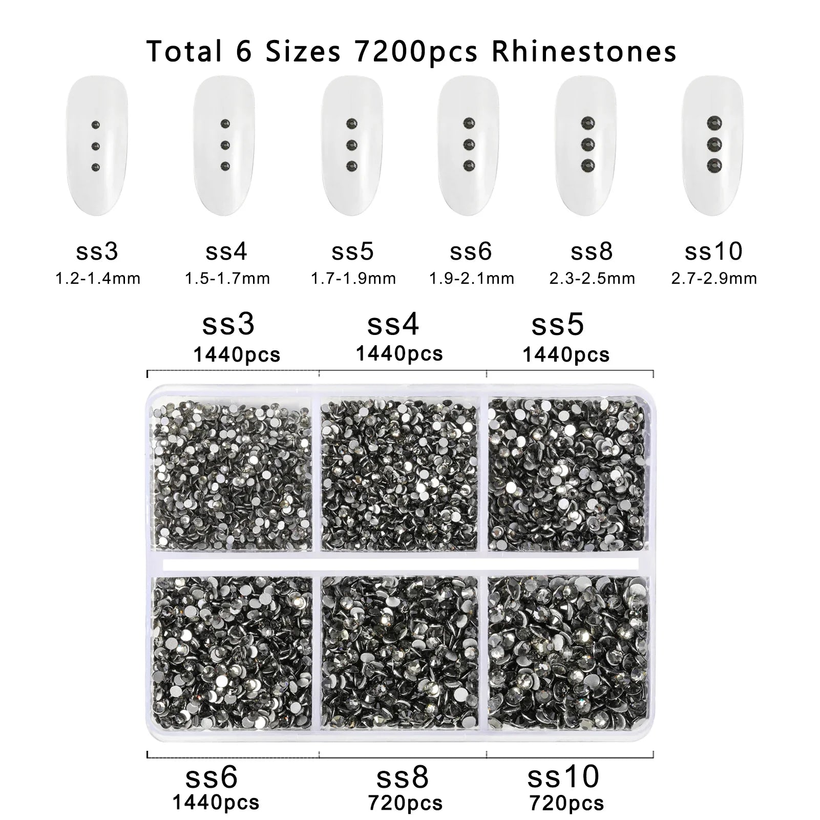 7200pcs Flatback Rhinestones,Nail Gems Round Crystal Rhinestones for Crafts,Mixed 6 Sizes with Wax Pencil Kit, SS3-SS10- Black Diamond