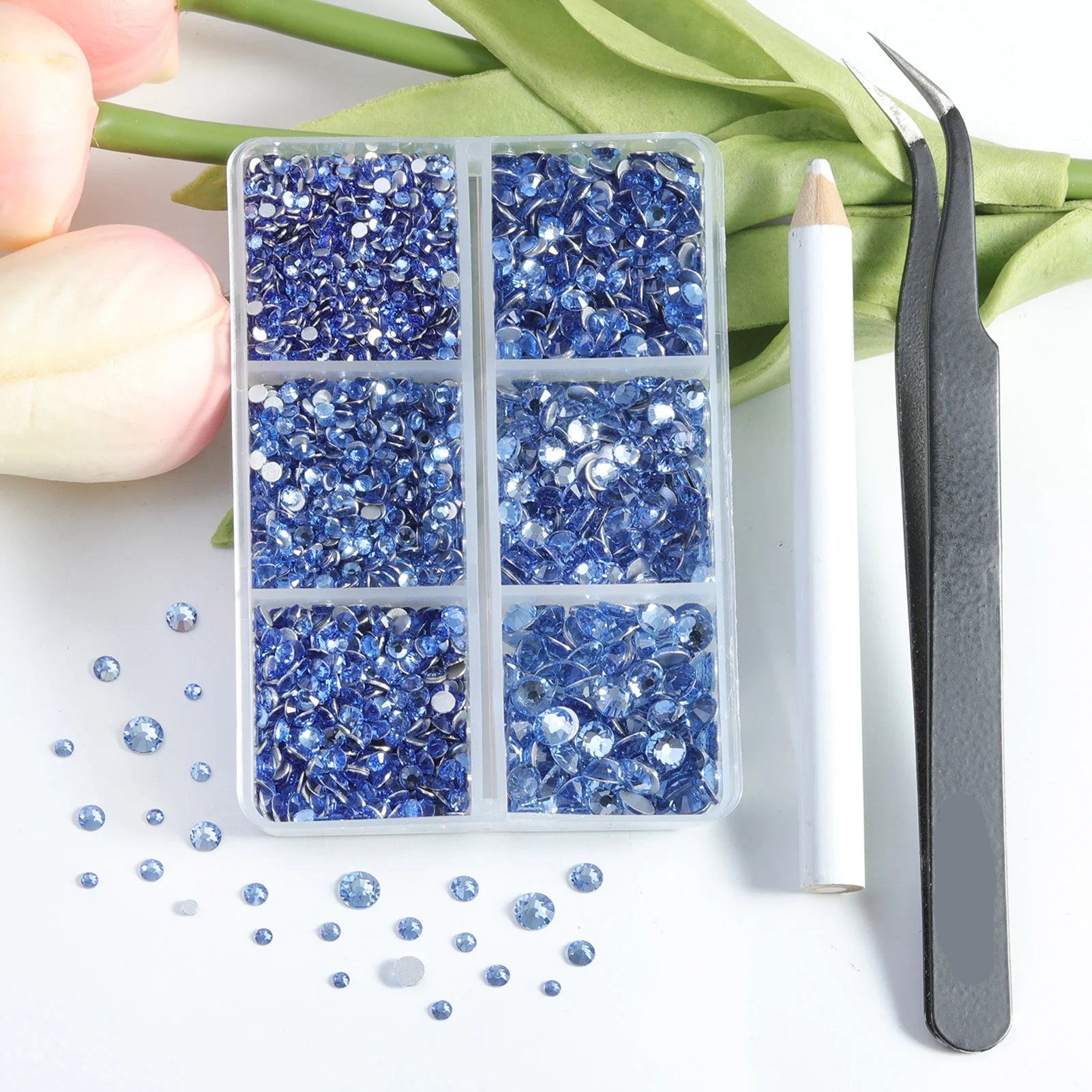 4300pcs Flatback Rhinestones, Nail Gems Round Crystal Rhinestones for Crafts,Mixed 6 Sizes with Picking Tweezers and Wax Pencil Kit-Light sapphire