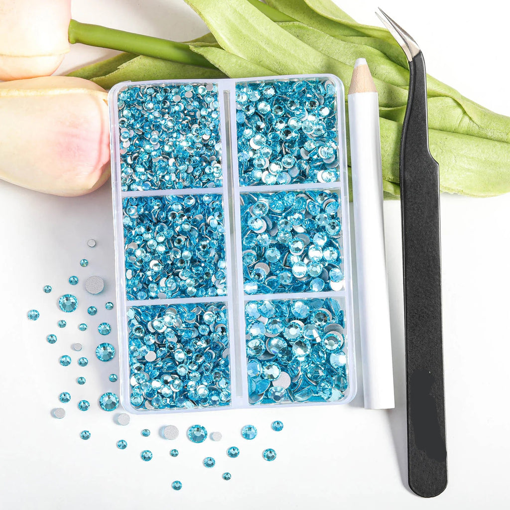 4300pcs Flatback Rhinestones, Nail Gems Round Crystal Rhinestones for Crafts,Mixed 6 Sizes with Picking Tweezers and Wax Pencil Kit- Aquamarine