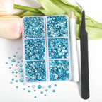 4300pcs Flatback Rhinestones, Nail Gems Round Crystal Rhinestones for Crafts,Mixed 6 Sizes with Picking Tweezers and Wax Pencil Kit- Aquamarine