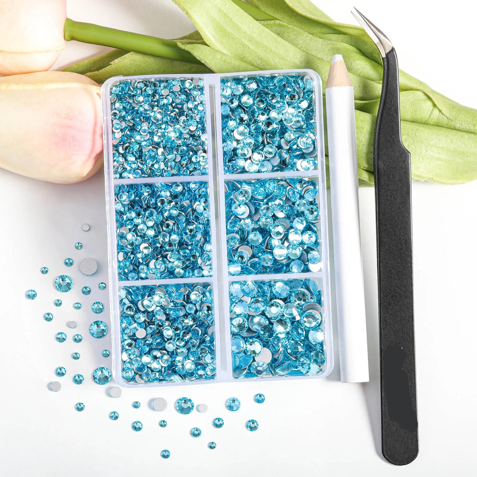 4300pcs Flatback Rhinestones, Nail Gems Round Crystal Rhinestones for Crafts,Mixed 6 Sizes with Picking Tweezers and Wax Pencil Kit- Aquamarine