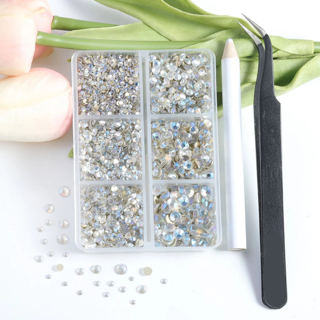 4300pcs Flatback Rhinestones, Nail Gems Round Crystal Rhinestones for Crafts,Mixed 6 Sizes with Picking Tweezers and Wax Pencil Kit-Bluemoonlight