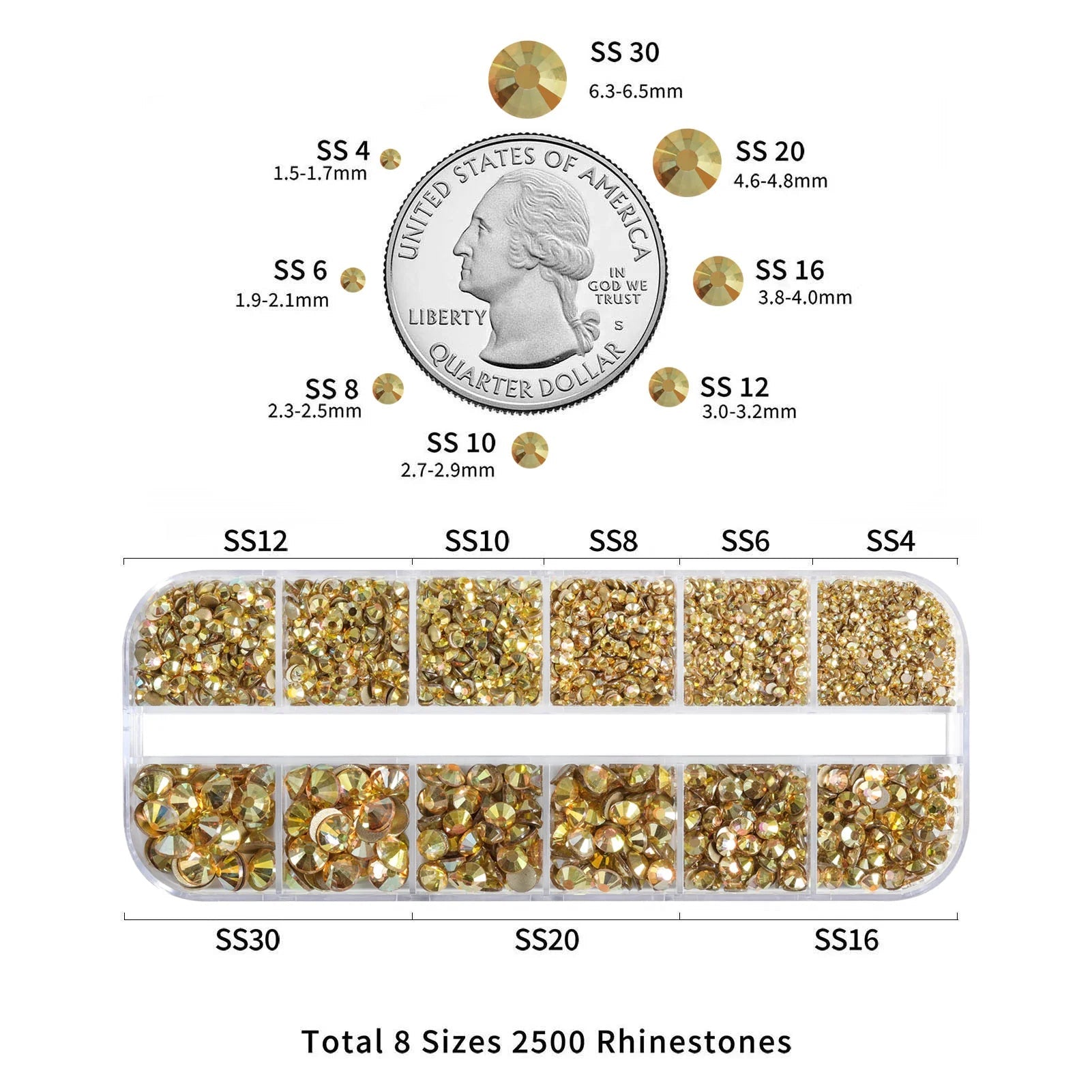 Rhinestones for Makeup,8 sizes 2500pcs Flatback Rhinestones Face Gems for Nails Crafts with Tweezers and Wax Pencil- Metal Sunlight