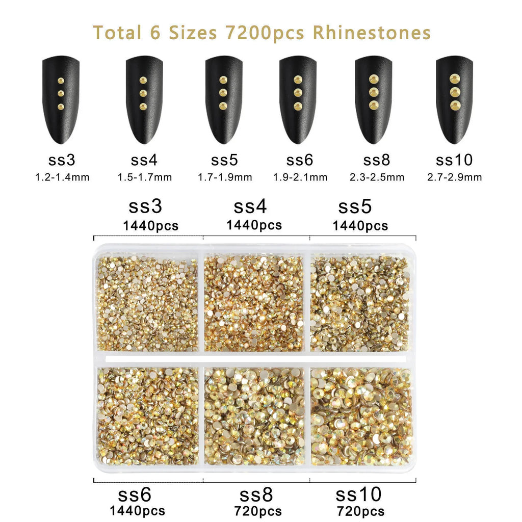 7200pcs Flatback Rhinestones,Nail Gems Round Crystal Rhinestones for Crafts,Mixed 6 Sizes with Wax Pencil Kit, SS3-SS10-Metalsunlight