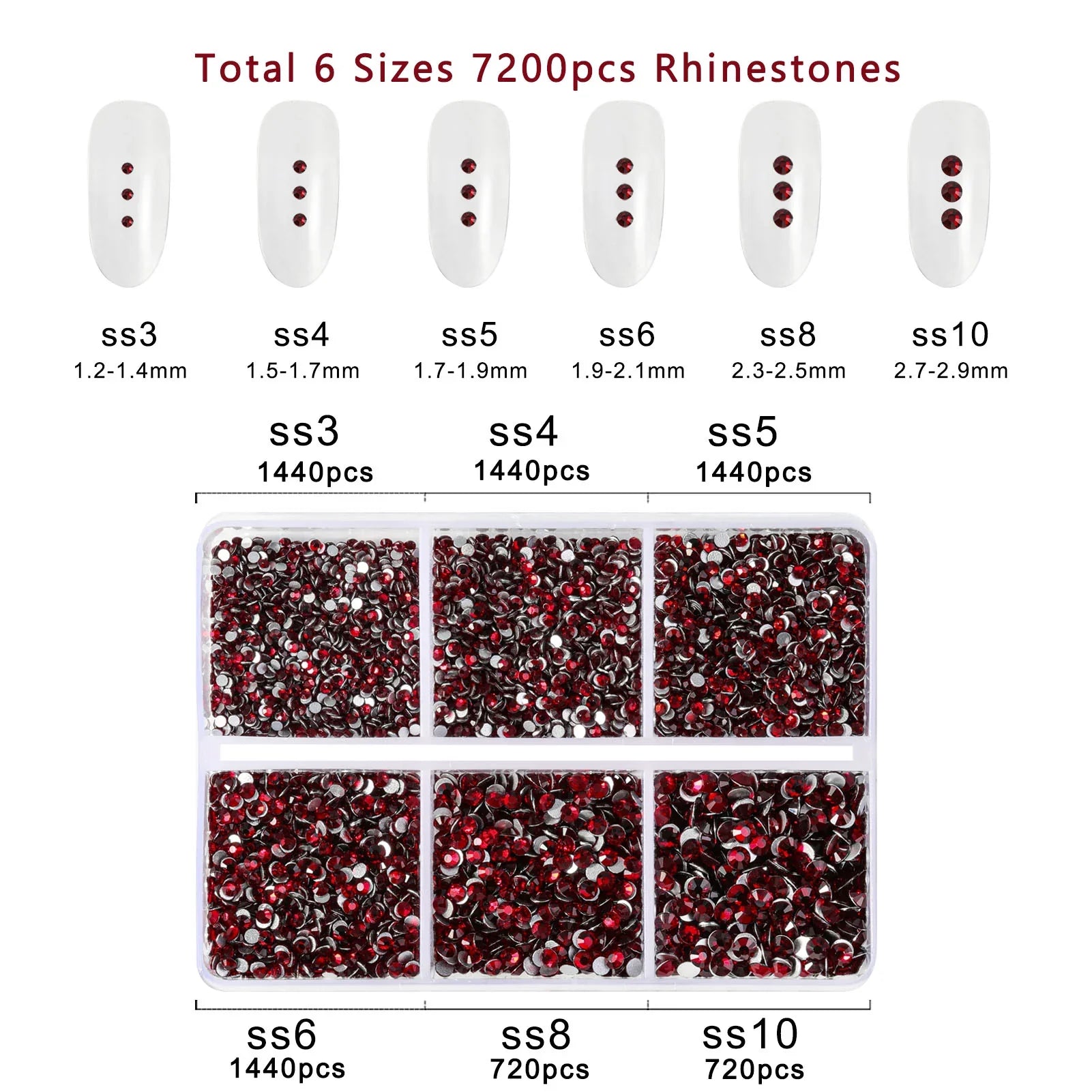 7200pcs Flatback Rhinestones,Nail Gems Round Crystal Rhinestones for Crafts,Mixed 6 Sizes with Wax Pencil Kit, SS3-SS10- Dark Siam