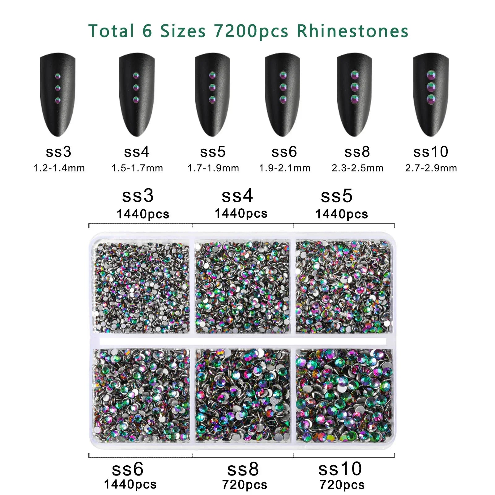 7200pcs Flatback Rhinestones,Nail Gems Round Crystal Rhinestones for Crafts,Mixed 6 Sizes with Wax Pencil Kit, SS3-SS10- Green Volcano