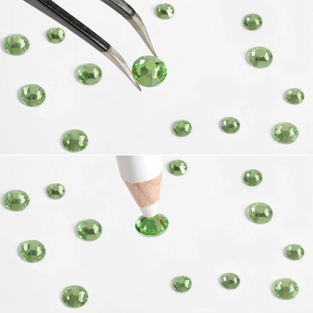 Rhinestones for Makeup,8 sizes 2500pcs Flatback Rhinestones Face Gems for Nails Crafts with Tweezers and Wax Pencil- Light Green