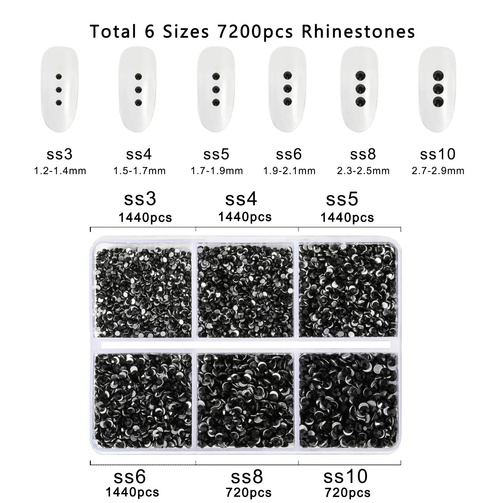 7200pcs Flatback Rhinestones,Nail Gems Round Crystal Rhinestones for Crafts,Mixed 6 Sizes with Wax Pencil Kit, SS3-SS10- Black
