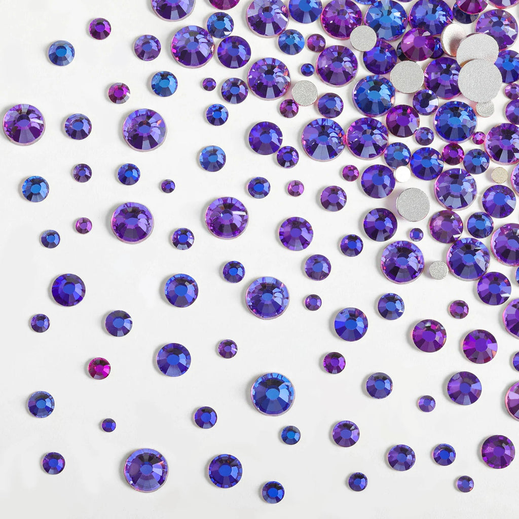 Rhinestones for Makeup,8 sizes 2500pcs Flatback Rhinestones Face Gems for Nails Crafts with Tweezers and Wax Pencil- Purple Velvet