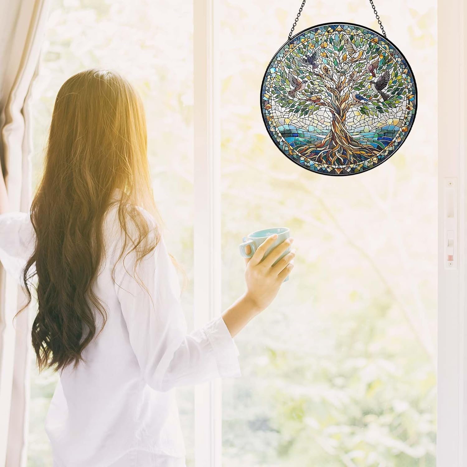 Handmade Stained Glass Sun Catcher Window Hanging Wall Decor, Sun Catcher Lover Gifts for Women Home Garden Housewarming Ornament