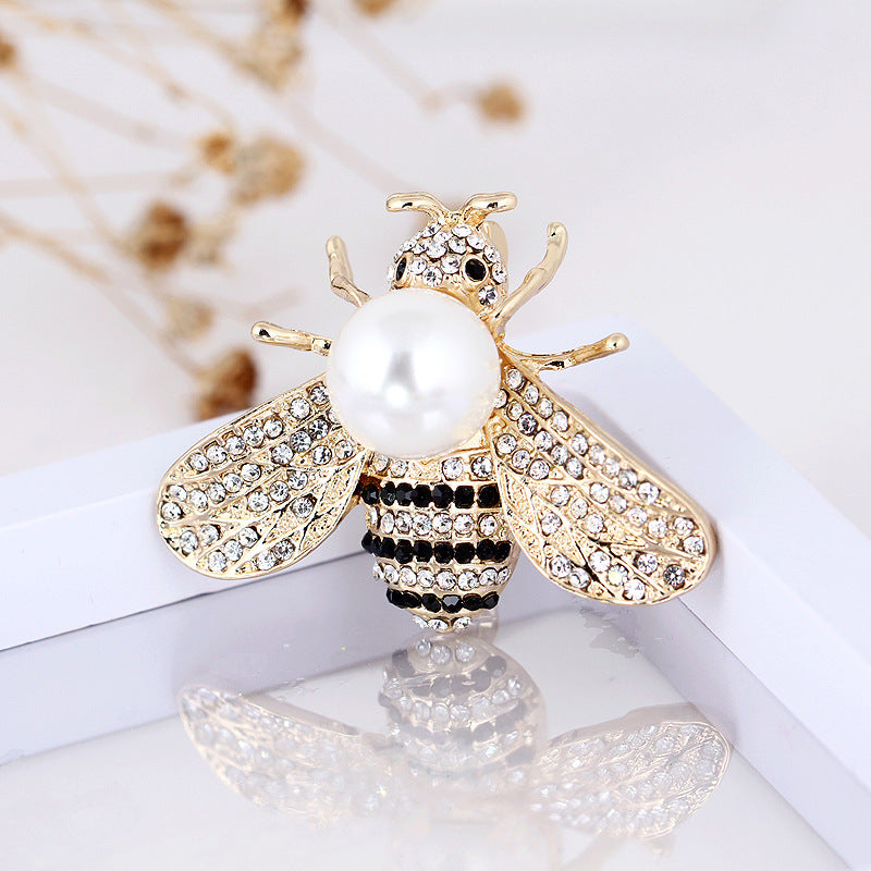 Korean Style 3D Eco-Friendly Alloy Pearl Full-Rhinestone Insect Bee Brooch Pin - Women's Fashion Lapel Accessory