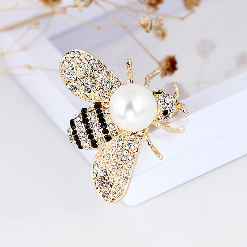 Korean Style 3D Eco-Friendly Alloy Pearl Full-Rhinestone Insect Bee Brooch Pin - Women's Fashion Lapel Accessory