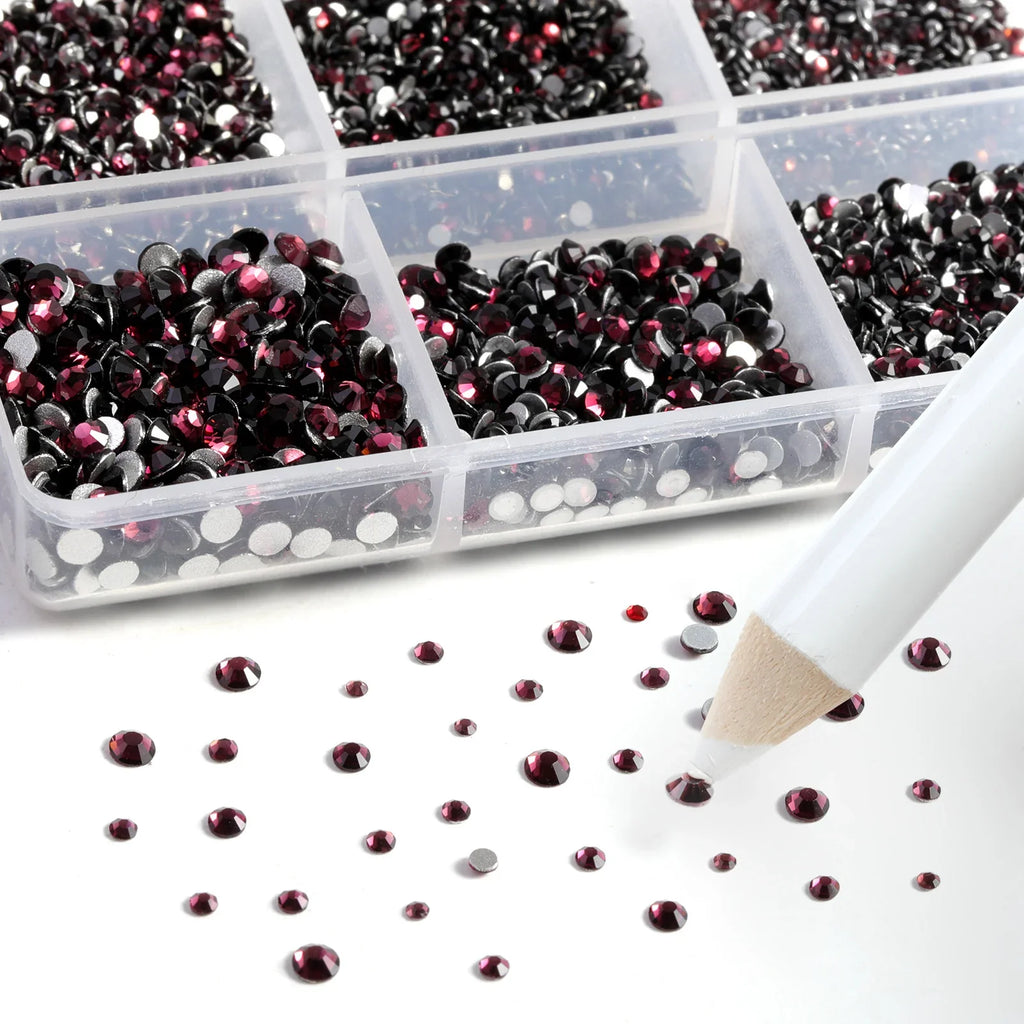 7200pcs Flatback Rhinestones,Nail Gems Round Crystal Rhinestones for Crafts,Mixed 6 Sizes with Wax Pencil Kit, SS3-SS10-Amethyst