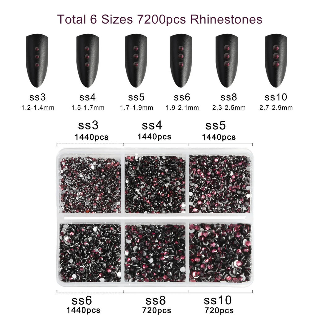 7200pcs Flatback Rhinestones,Nail Gems Round Crystal Rhinestones for Crafts,Mixed 6 Sizes with Wax Pencil Kit, SS3-SS10-Amethyst
