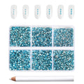7200pcs Flatback Rhinestones,Nail Gems Round Crystal Rhinestones for Crafts,Mixed 6 Sizes with Wax Pencil Kit, SS3-SS10- Aquamarine