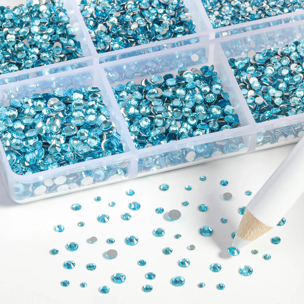 7200pcs Flatback Rhinestones,Nail Gems Round Crystal Rhinestones for Crafts,Mixed 6 Sizes with Wax Pencil Kit, SS3-SS10- Aquamarine
