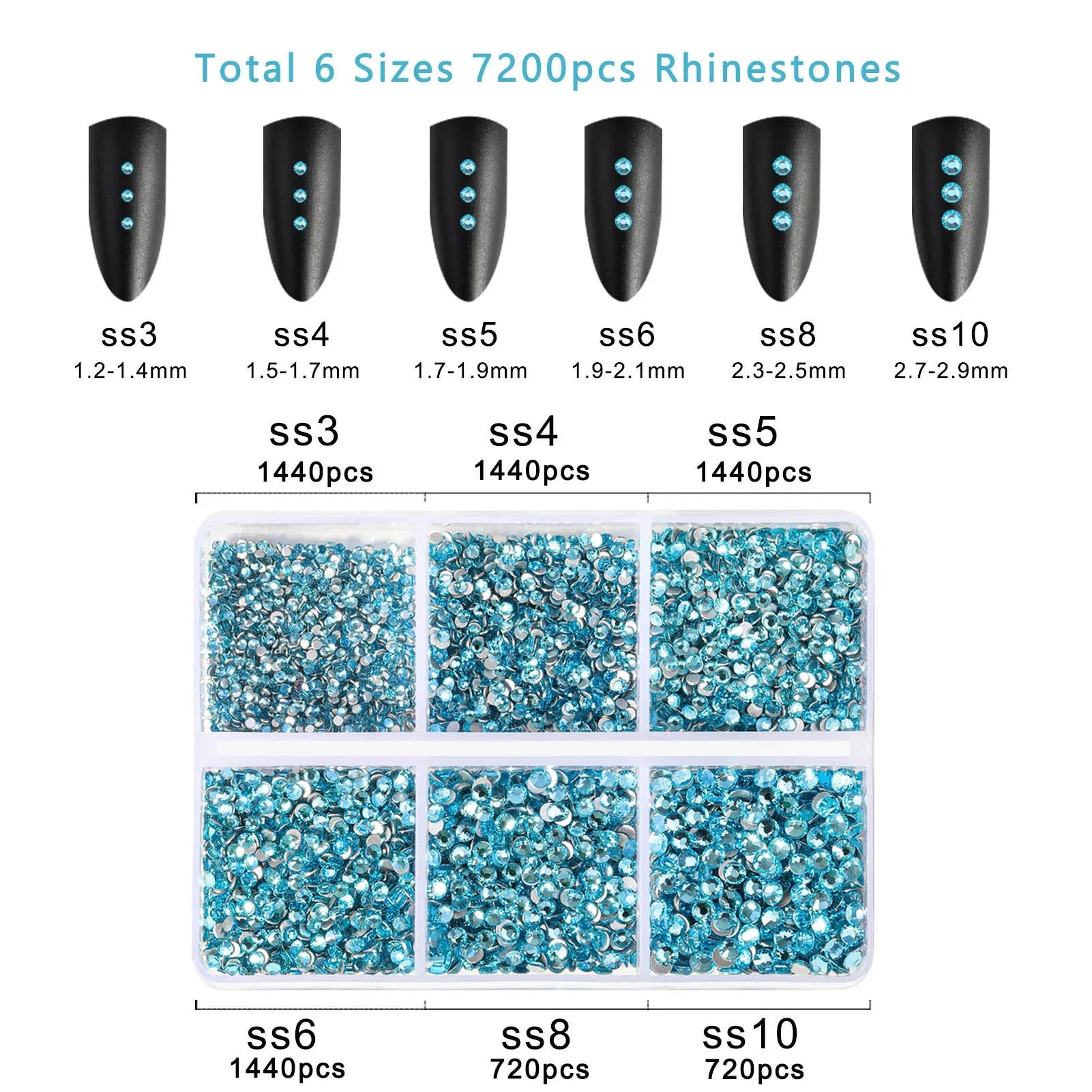 7200pcs Flatback Rhinestones,Nail Gems Round Crystal Rhinestones for Crafts,Mixed 6 Sizes with Wax Pencil Kit, SS3-SS10- Aquamarine