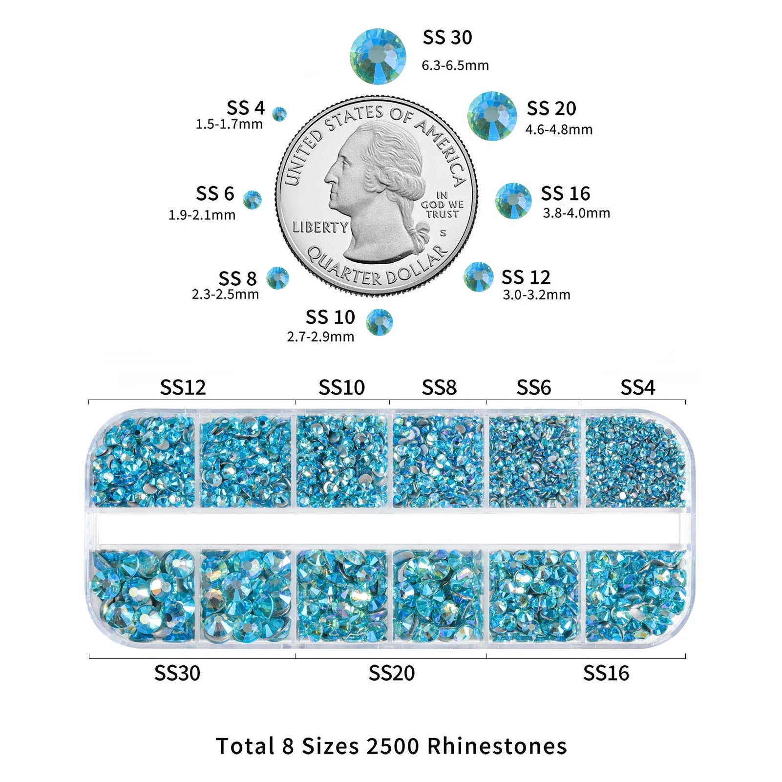 Rhinestones for Makeup,8 sizes 2500pcs Flatback Rhinestones Face Gems for Nails Crafts with Tweezers and Wax Pencil- AquamarineAB