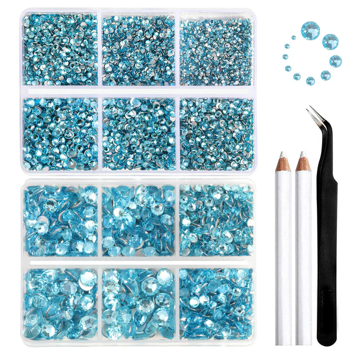 8300PCS Flatback Rhinestones, Nail Gems Round Crystal Rhinestones for Crafts, Mixed 10 Sizes with Wax Pencil and Tweezer Kit, SS3-SS30-Aquamarine