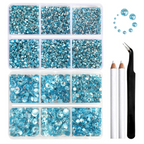 8300PCS Flatback Rhinestones, Nail Gems Round Crystal Rhinestones for Crafts, Mixed 10 Sizes with Wax Pencil and Tweezer Kit, SS3-SS30-Aquamarine