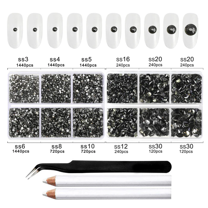 8300PCS Flatback Rhinestones, Nail Gems Round Crystal Rhinestones for Crafts, Mixed 10 Sizes with Wax Pencil and Tweezer Kit, SS3-SS30-Black Diamond