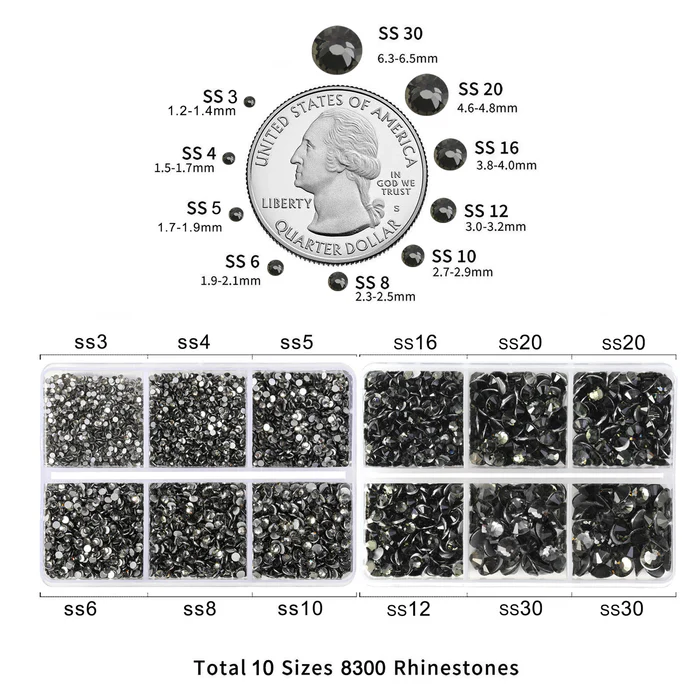 8300PCS Flatback Rhinestones, Nail Gems Round Crystal Rhinestones for Crafts, Mixed 10 Sizes with Wax Pencil and Tweezer Kit, SS3-SS30-Black Diamond