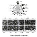 8300PCS Flatback Rhinestones, Nail Gems Round Crystal Rhinestones for Crafts, Mixed 10 Sizes with Wax Pencil and Tweezer Kit, SS3-SS30-Black Diamond