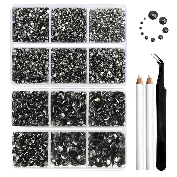 8300PCS Flatback Rhinestones, Nail Gems Round Crystal Rhinestones for Crafts, Mixed 10 Sizes with Wax Pencil and Tweezer Kit, SS3-SS30-Black Diamond
