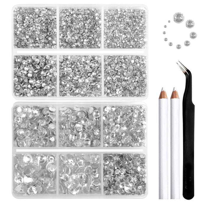8300PCS Flatback Rhinestones, Nail Gems Round Crystal Rhinestones for Crafts, Mixed 10 Sizes with Wax Pencil and Tweezer Kit, SS3-SS30 - Crystal