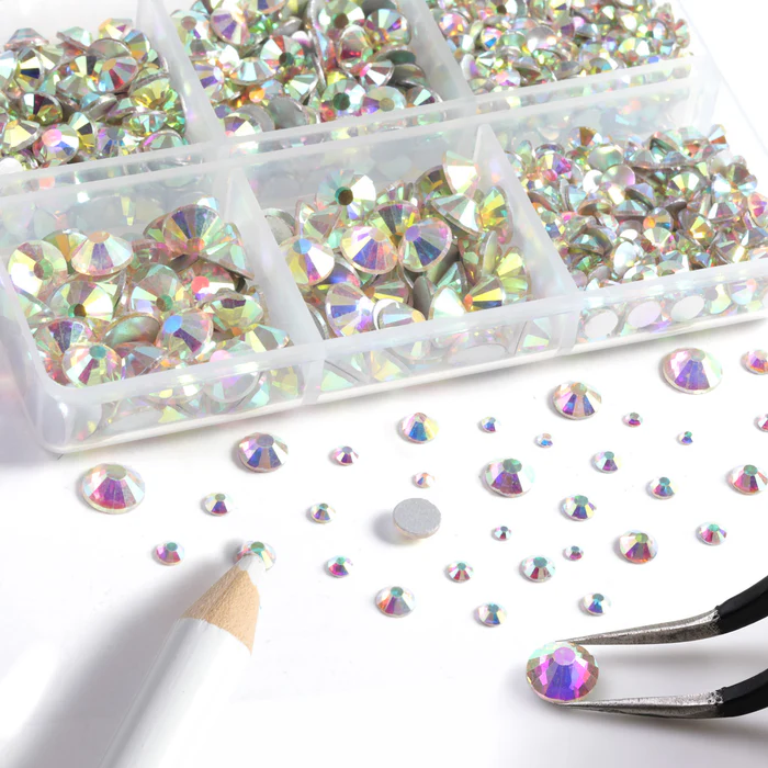 8300PCS Flatback Rhinestones, Nail Gems Round Crystal Rhinestones for Crafts, Mixed 10 Sizes with Wax Pencil and Tweezer Kit, SS3-SS30 - Crystal AB