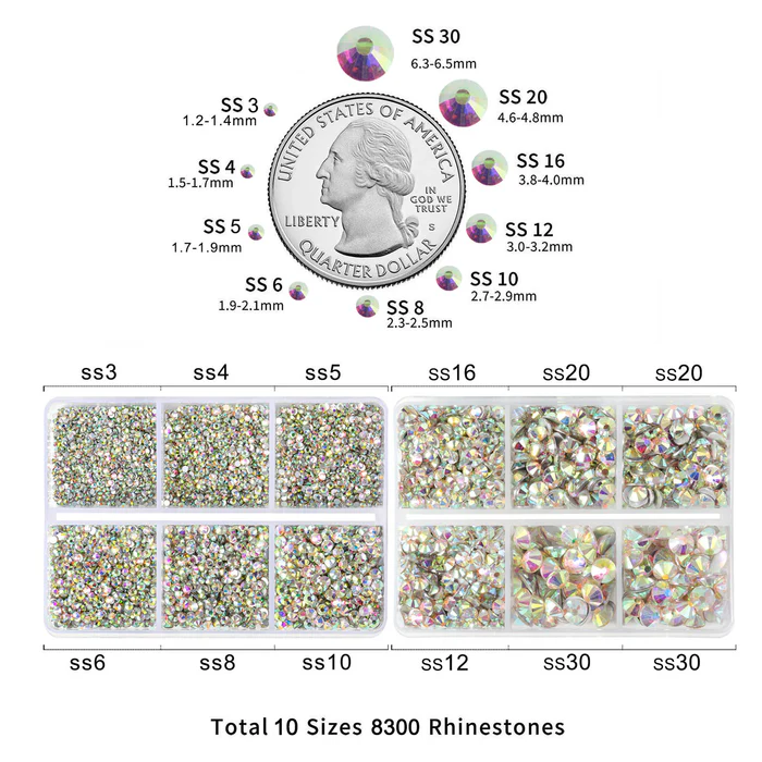 8300PCS Flatback Rhinestones, Nail Gems Round Crystal Rhinestones for Crafts, Mixed 10 Sizes with Wax Pencil and Tweezer Kit, SS3-SS30 - Crystal AB