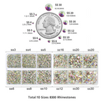 8300PCS Flatback Rhinestones, Nail Gems Round Crystal Rhinestones for Crafts, Mixed 10 Sizes with Wax Pencil and Tweezer Kit, SS3-SS30 - Crystal AB