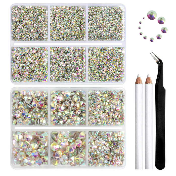 8300PCS Flatback Rhinestones, Nail Gems Round Crystal Rhinestones for Crafts, Mixed 10 Sizes with Wax Pencil and Tweezer Kit, SS3-SS30 - Crystal AB
