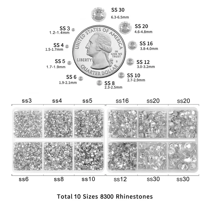 8300PCS Flatback Rhinestones, Nail Gems Round Crystal Rhinestones for Crafts, Mixed 10 Sizes with Wax Pencil and Tweezer Kit, SS3-SS30 - Crystal
