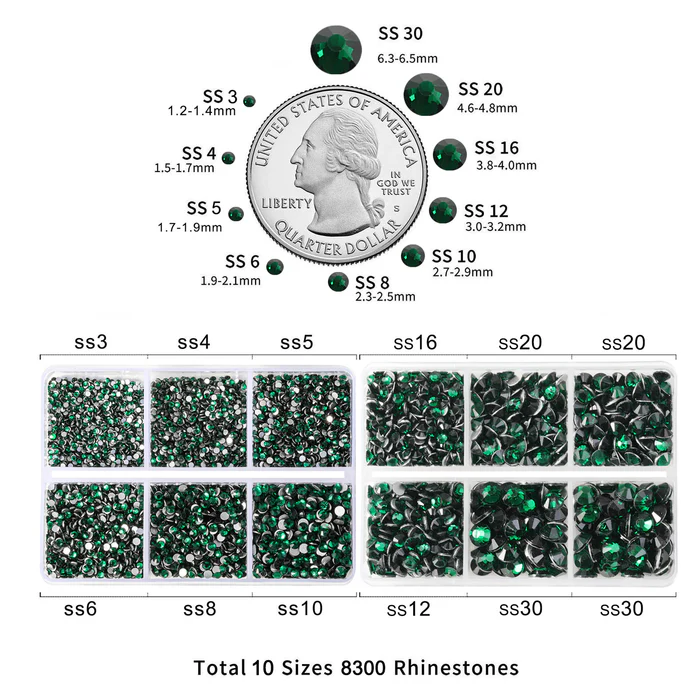 8300PCS Flatback Rhinestones, Nail Gems Round Crystal Rhinestones for Crafts, Mixed 10 Sizes with Wax Pencil and Tweezer Kit, SS3-SS30-Emerald