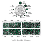 8300PCS Flatback Rhinestones, Nail Gems Round Crystal Rhinestones for Crafts, Mixed 10 Sizes with Wax Pencil and Tweezer Kit, SS3-SS30-Emerald
