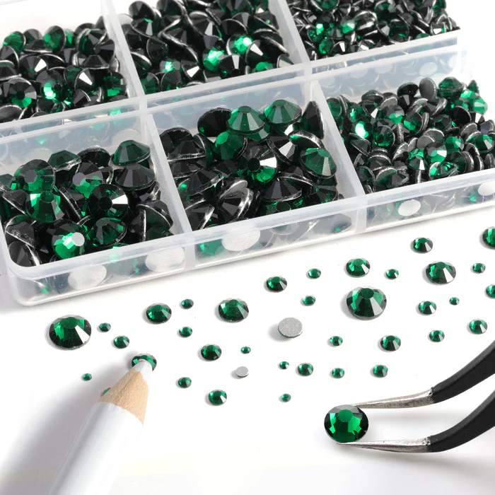 8300PCS Flatback Rhinestones, Nail Gems Round Crystal Rhinestones for Crafts, Mixed 10 Sizes with Wax Pencil and Tweezer Kit, SS3-SS30-Emerald