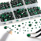 8300PCS Flatback Rhinestones, Nail Gems Round Crystal Rhinestones for Crafts, Mixed 10 Sizes with Wax Pencil and Tweezer Kit, SS3-SS30-Emerald