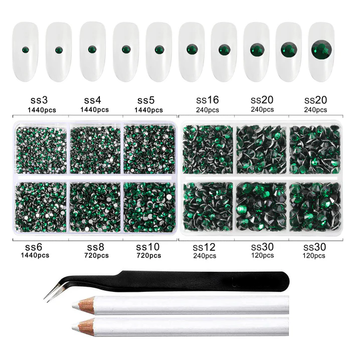 8300PCS Flatback Rhinestones, Nail Gems Round Crystal Rhinestones for Crafts, Mixed 10 Sizes with Wax Pencil and Tweezer Kit, SS3-SS30-Emerald